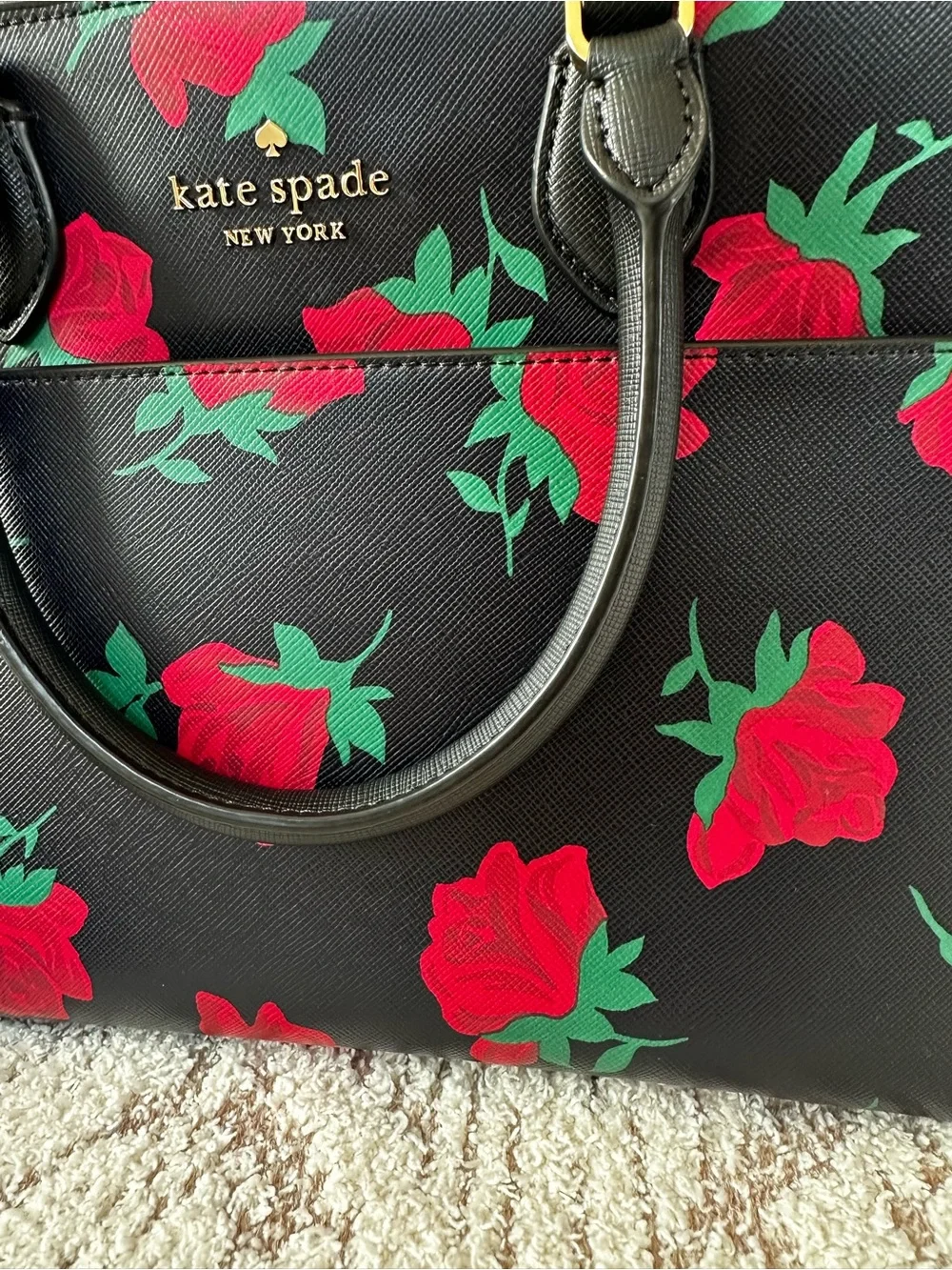 Kate Spade New York satchel stunning black leather bold red rose print EUC